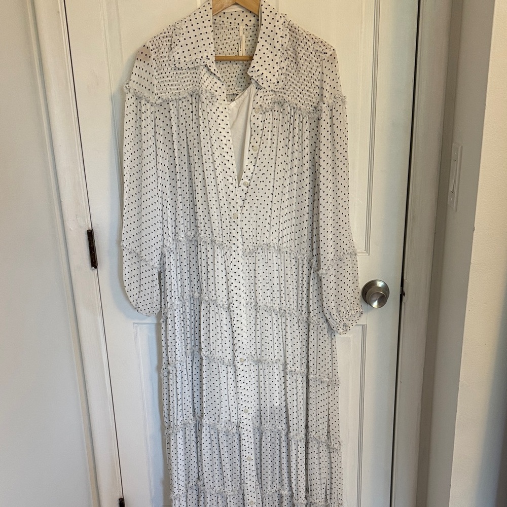 Anthropologie White and Black Polka Dot Long Sleeve Dress